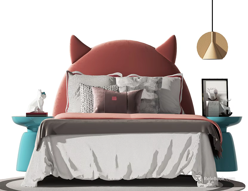 Cute Kids Bed with Red Cat Ear Headboard Plush Pillows Blue Nightstands Golden Pendant Lamp 3d model 