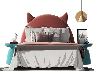Cute Kids Bed with Red Cat Ear Headboard Plush Pillows Blue Nightstands Golden Pendant Lamp 3d model