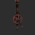 Vintage Industrial Manual Tool With Wooden Handle Metal Structure Chain Mechanism And Red Components