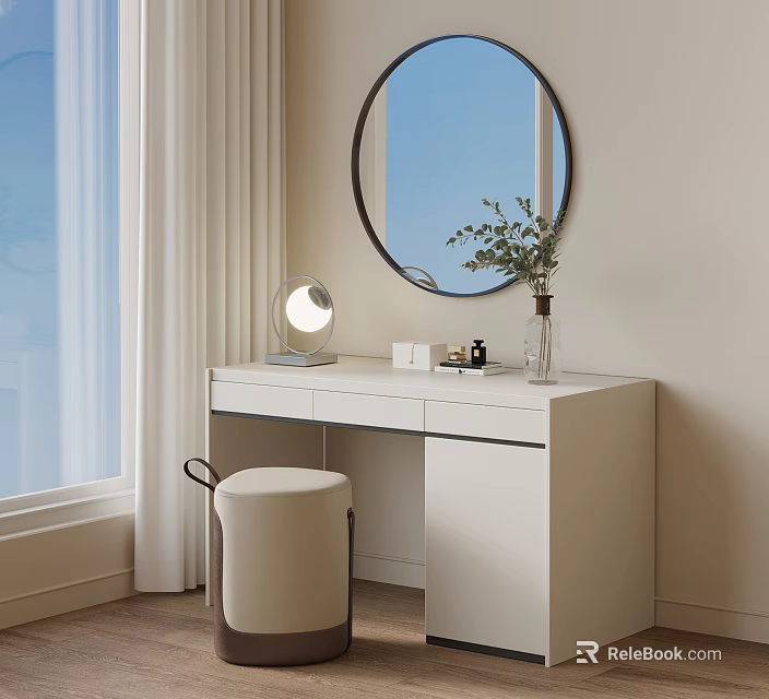 Modern White Dressing Table With Round Mirror Table Lamp Stool And Green Plant 3d model 