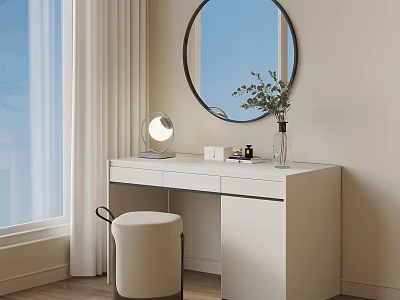 Modern White Dressing Table With Round Mirror Table Lamp Stool And Green Plant 3d model