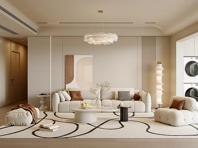 Modern Living Room Interior With Beige Sofa Brown Pillows Round Coffee Table And Chandelier 3d model
