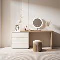 Modern Light Colored Dressing Table With Round Mirror Stool Cosmetics And Pampas Grass