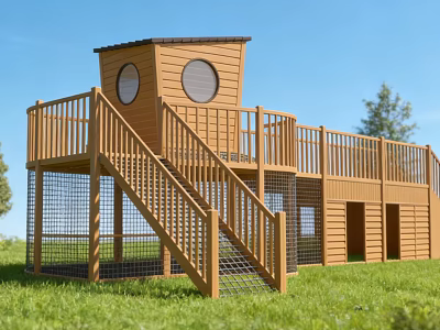 Kindergarten Outdoor Wooden Play Structure With Two Story Platform Fenced Area Green Grass Field 3d model