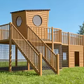 Kindergarten Outdoor Wooden Play Structure With Two Story Platform Fenced Area Green Grass Field