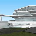 Modern Sales Office Building Featuring Glass Curtain Walls And Unique Architectural Design With Landscaped Surroundings