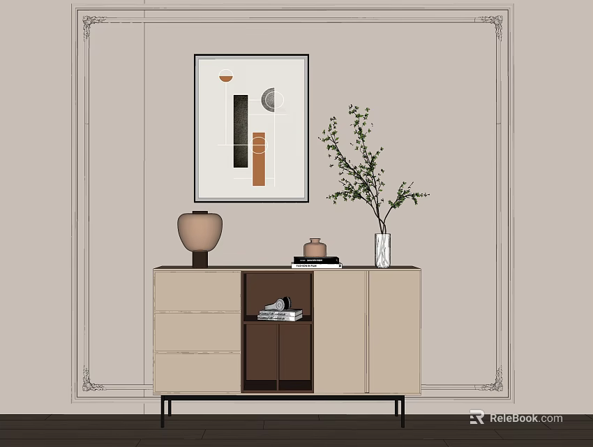 Elegant Entryway Console Table With Decorative Vase Plants And Wall Artwork 3d model