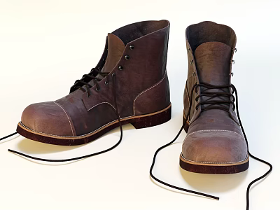 Brown Leather Lace Up Boots With Vintage Design And Thick Brown Rubber Sole 3d model