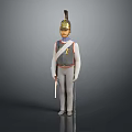 Man Standing in Gray Military Uniform With Feather Helmet Holding Sword White Sash