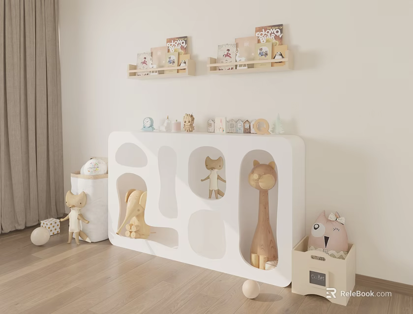Kids Room Interior With White Storage Rack Animal Dolls Wooden Wall Shelves Books And Decorations 3d model 