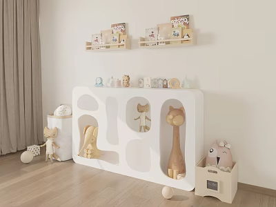 Kids Room Interior With White Storage Rack Animal Dolls Wooden Wall Shelves Books And Decorations 3d model