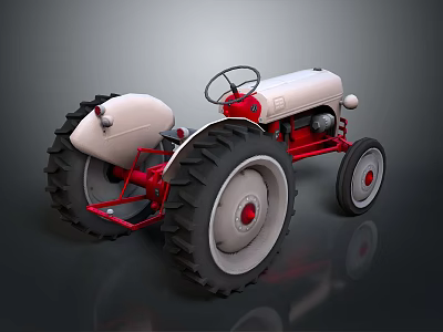 3D Model White And Red Tractor With Large Tires On Black Background And Reflections 3d model
