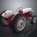 3D Model White And Red Tractor With Large Tires On Black Background And Reflections