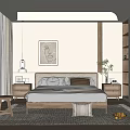 Modern Bedroom Interior With Wooden Bed Nightstands Wall Art Curtains Rug And Plant