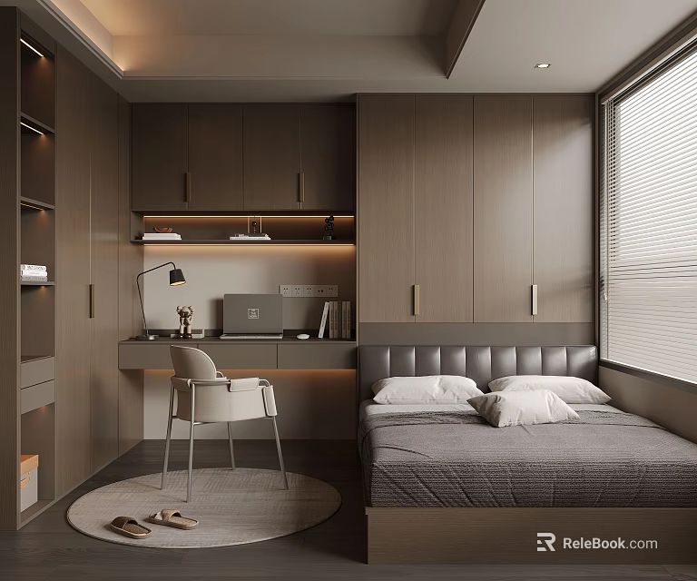 Modern Tatami Bedroom Interior Design With Storage Cabinets Desk Chair And Window 3d model 