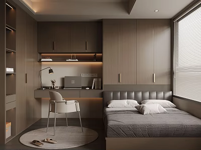 Modern Tatami Bedroom Interior Design With Storage Cabinets Desk Chair And Window 3d model