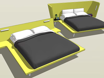 Double Bed With Yellow Headboard Black Bedspread White Pillows Bedside Table And Green Bottle 3d model