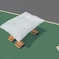 White Cloud Like Art Installation With Wooden Swing Frames Under Blue Sky On Green Ground