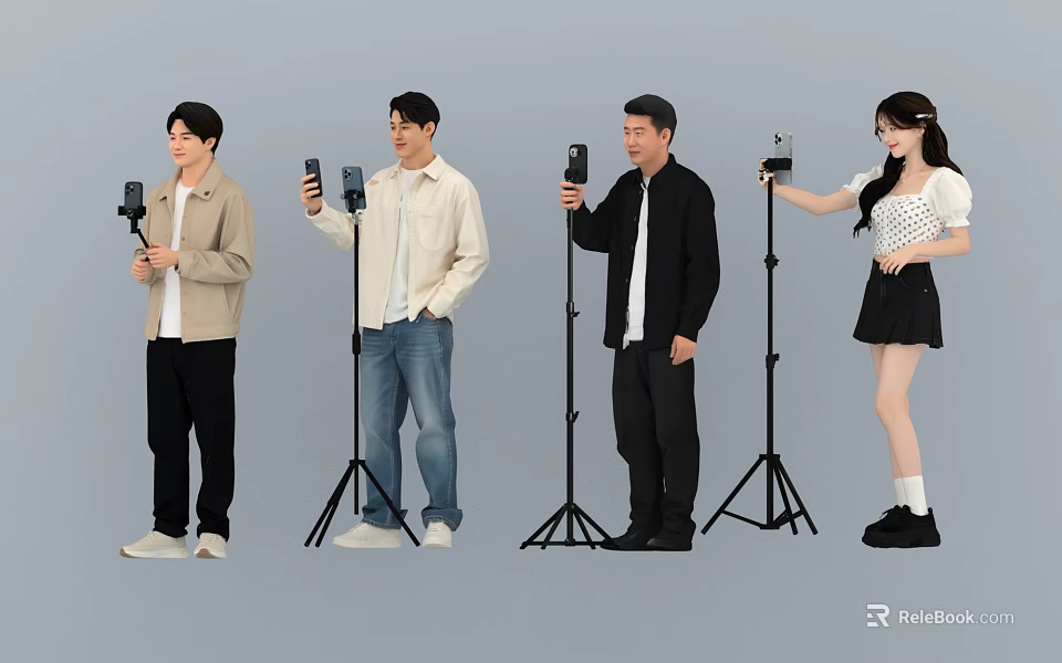 Group of People Using Microphones and Holding Phones for Live Streaming Session 3d model 