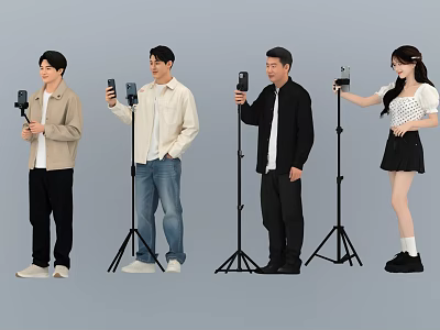 Group of People Using Microphones and Holding Phones for Live Streaming Session 3d model
