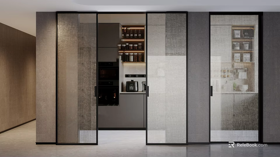 Modern Kitchen Sliding Textured Glass Doors With Black Frames And Interior Design 3d model