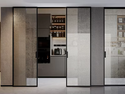 Modern Kitchen Sliding Textured Glass Doors With Black Frames And Interior Design 3d model