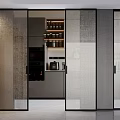 Modern Kitchen Sliding Textured Glass Doors With Black Frames And Interior Design 3d model