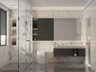 Modern Bathroom Interior Design With Marble Walls Glass Shower And Large Vanity Mirror 3d model