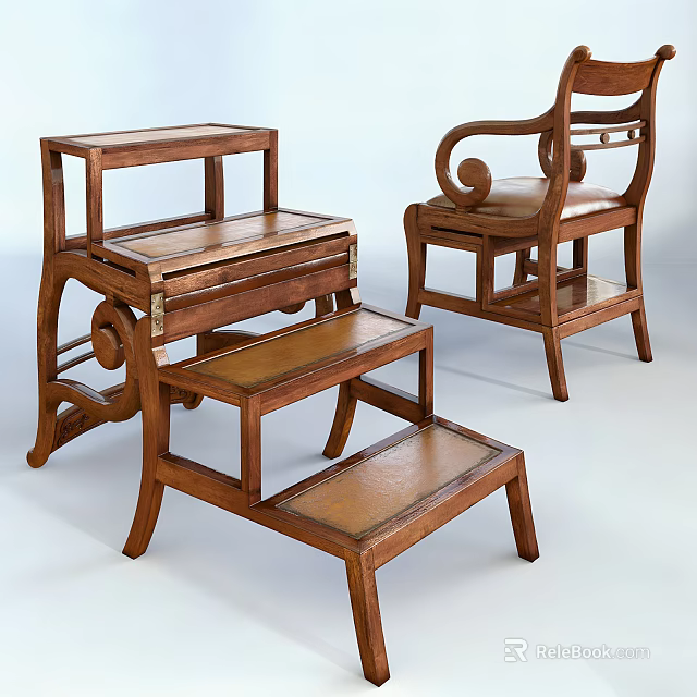 Classic Wooden Leisure Chair With Curved Armrests And Matching Leather Footstool 3d model 