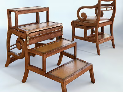 Classic Wooden Leisure Chair With Curved Armrests And Matching Leather Footstool 3d model