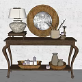 Wooden Console Table With Round Mirror Table Lamp Vase And Decorative Branches 3d model