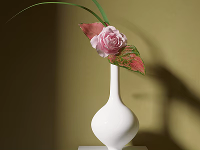 Minimalist Decorative Ornament Set With White Ceramic Vase Pink Rose And Green Leaves 3d model