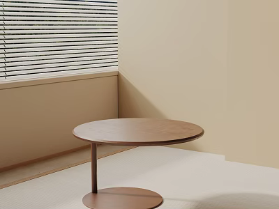 Round Wooden Side Table In Minimalist Room With Beige Walls And Window Blinds 3d model