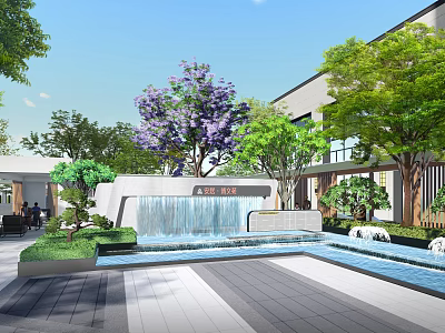 Tranquil Residential Landscape With Waterfall Green Plants Purple Flowering Trees And Modern Buildings 3d model