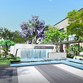 Tranquil Residential Landscape With Waterfall Green Plants Purple Flowering Trees And Modern Buildings