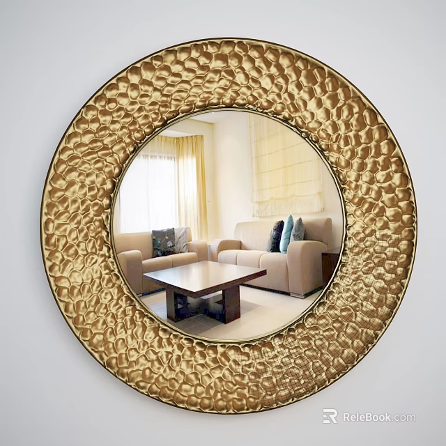 Golden Round Mirror With Textured Frame Reflecting Living Room Sofa And Coffee Table 3d model 