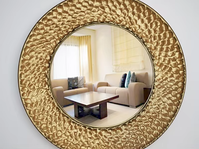 Golden Round Mirror With Textured Frame Reflecting Living Room Sofa And Coffee Table 3d model