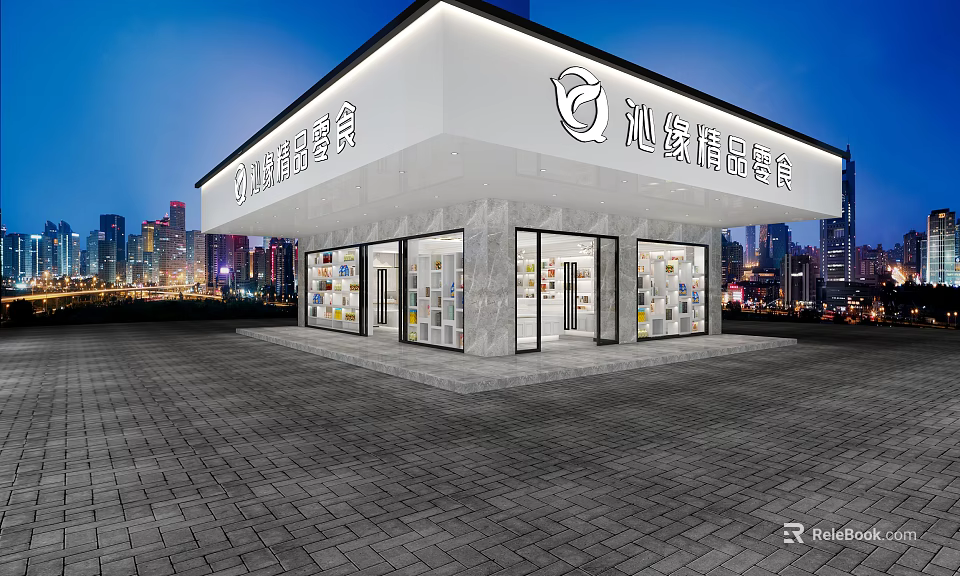 Modern Boutique Snack Shop Storefront With White Exterior Glass Doors Windows And City Night Background 3d model 