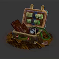 Vintage Open Suitcase Interior With Scrolls Camera And Leather Items 3d model