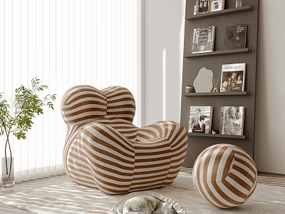 Striped Brown White Bean Bag Chair and Ottoman in Bright Room with Green Plant Bookshelf 3d model