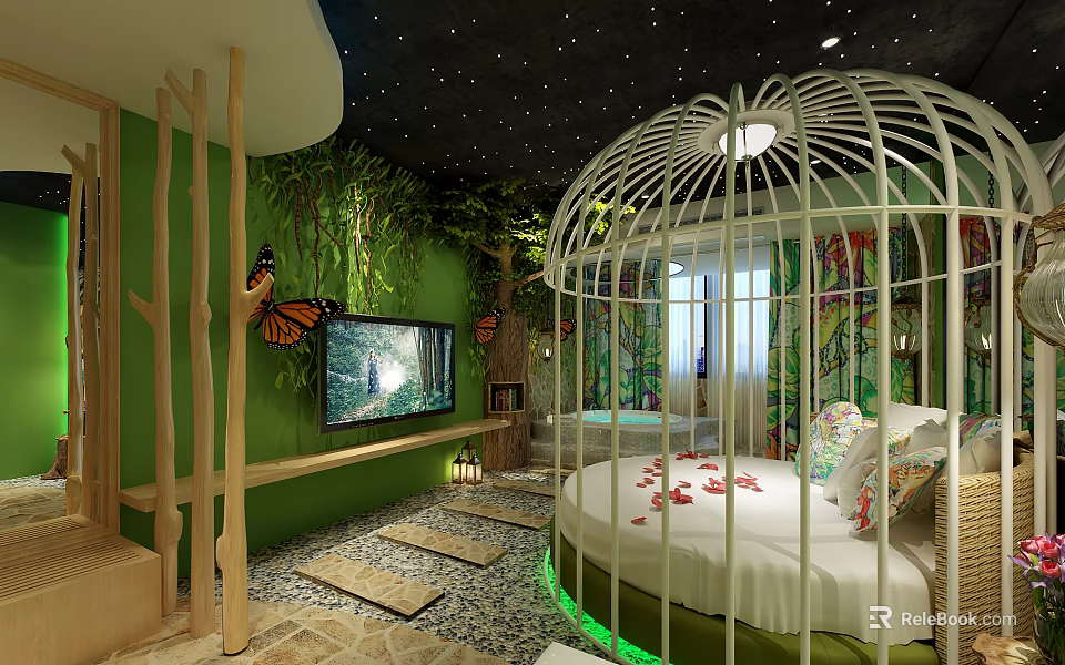 Hotel Guest Room With Green Walls Starry Ceiling Birdcage Bed Stone Path And Butterfly Decorations 3d model 