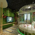 Hotel Guest Room With Green Walls Starry Ceiling Birdcage Bed Stone Path And Butterfly Decorations