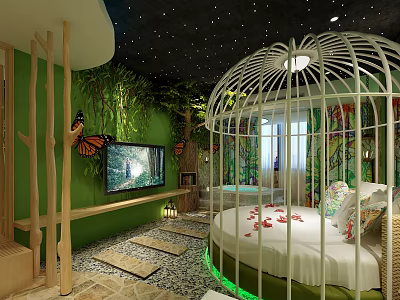 Hotel Guest Room With Green Walls Starry Ceiling Birdcage Bed Stone Path And Butterfly Decorations 3d model