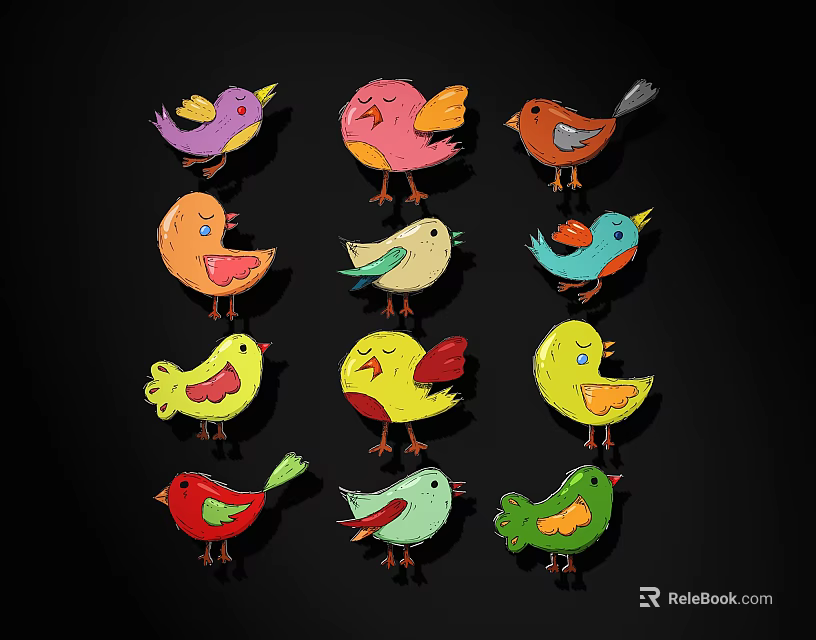 Colorful Cartoon Birds With Colors Purple Pink Orange Yellow Green Cute Poses On Black Background 3d model 