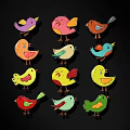 Colorful Cartoon Birds With Colors Purple Pink Orange Yellow Green Cute Poses On Black Background
