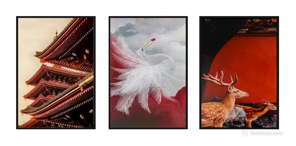 Three Piece Decorative Wall Art Featuring Ancient Architecture Swan Feather And Deer 3d model 