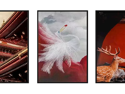 Three Piece Decorative Wall Art Featuring Ancient Architecture Swan Feather And Deer 3d model