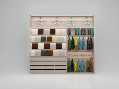 Multilayered Fabric Display Shelving With Colorful Samples And Hanging Fabric On Hangers 3d model