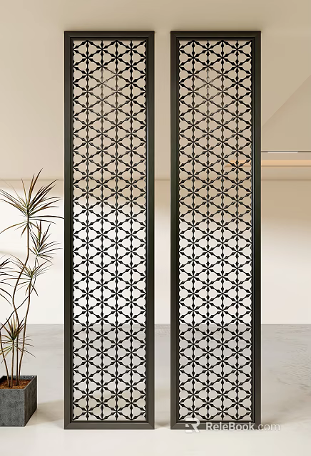 Modern Decorative Partition With Geometric Lattice Design For Indoor Space And Green Plant 3d model 