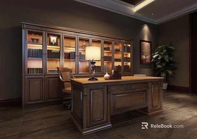Traditional Wooden Desk With Large Bookshelf Books Table Lamp Chair And Potted Plant In Study 3d model 